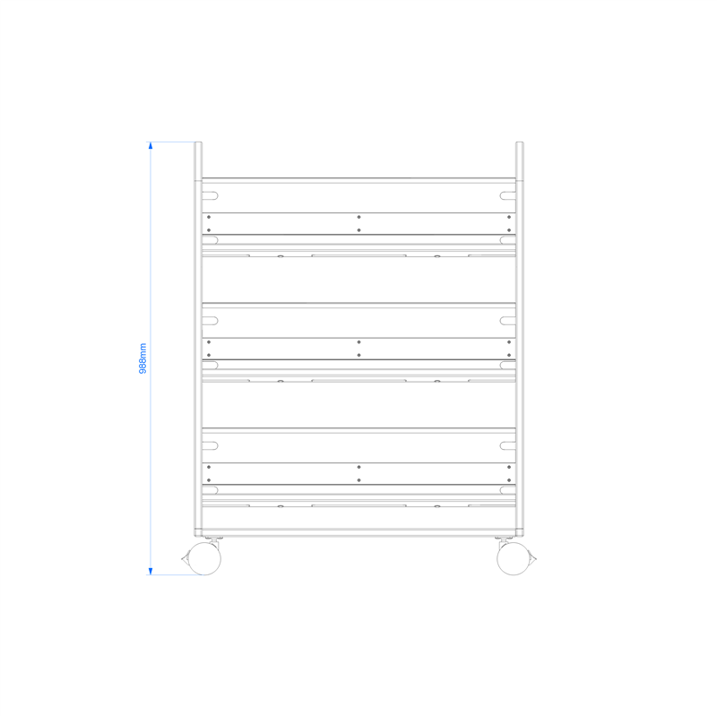 Technical render of a Bookcase on Wheels